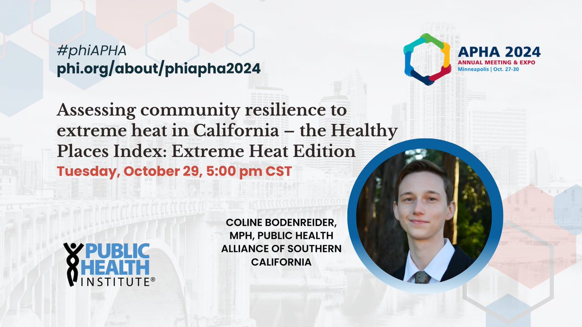 #APHA2024, don't miss our Public Health Alliance for Southern CA at 5:00 pm CST for their presentation: "Assessing community resilience to extreme heat in California – the Healthy Places Index: Extreme Heat Edition" #phiAPHA