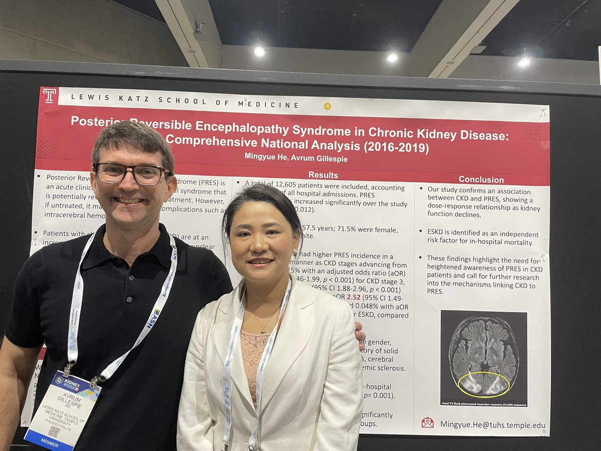 Great job to <a href="/MingyueHe3/">Mingyue He</a> and <a href="/AvrumGillespie/">Avi’s Network Research</a> for presenting the “Posterior Reversible Encephalopathy Syndrome in CKD: A Comprehensive National Analysis, 2016-2019” poster today morning in the #ASN #KidneyWeek
 
#TempleNephrorologyFellowship 
<a href="/TempleIM/">Temple IM Residency</a>