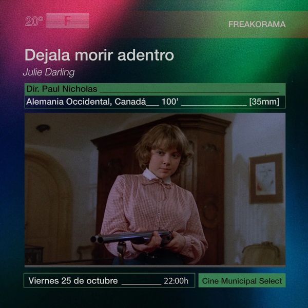 #20FESTIFREAK ¡Proyección muy especial de la sección Freakorama! No te pierdas DÉJALA MORIR ADENTRO [JULIE DARLING], de Paul Nicholas, en 35 mm.

La presentación estará a cargo de un invitado de lujo: Pablo Conde (<a href="/generacionvhs/">Generación VHS</a>).

Viernes 25
22h
Cine Municipal Select