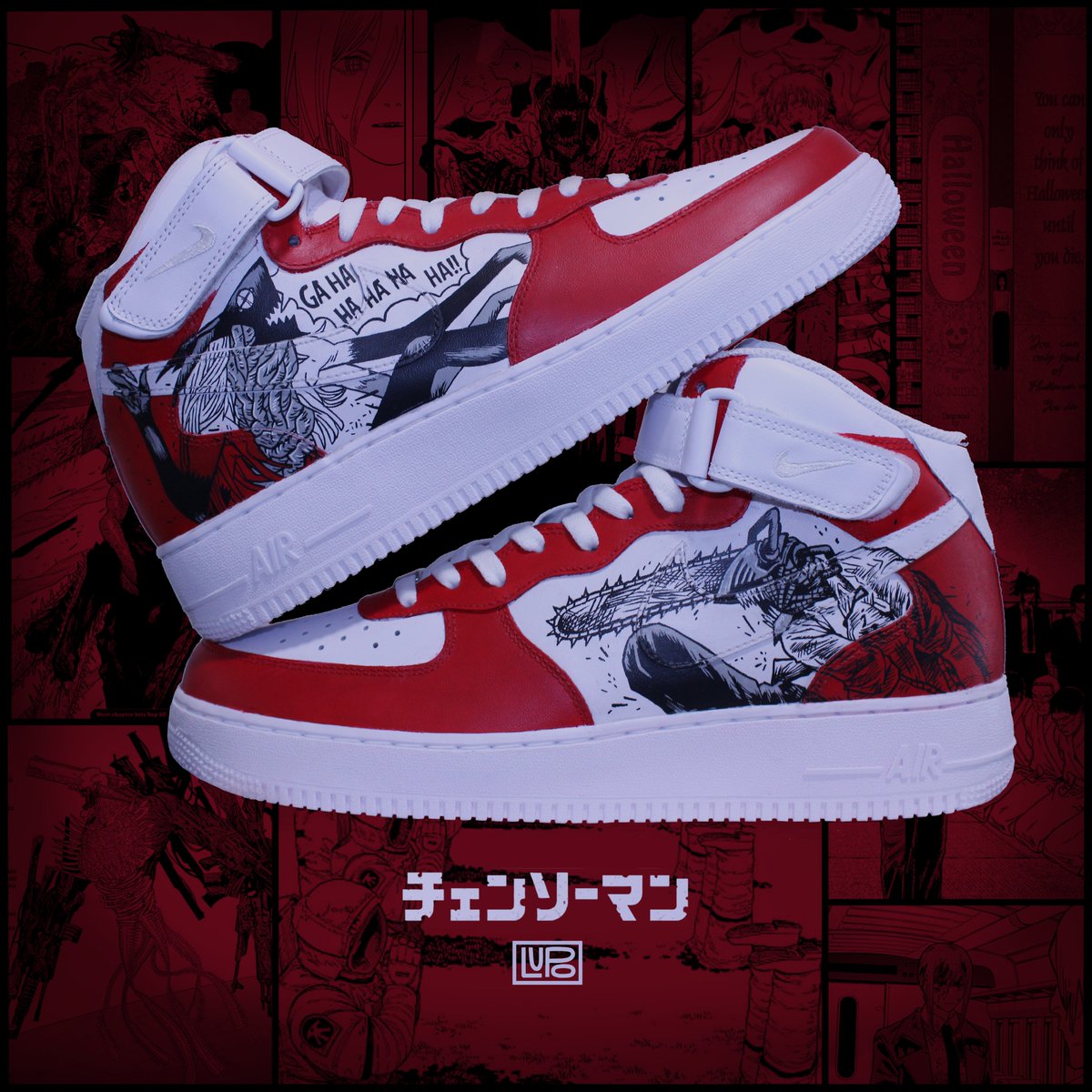 lupomortale's tweet photo. "This is a contract. Denji. Come find me." 🩸

Custom Chainsaw Man Air Force 1 Mid's done by me. (Commission) https://t.co/VsMXCWAEsm