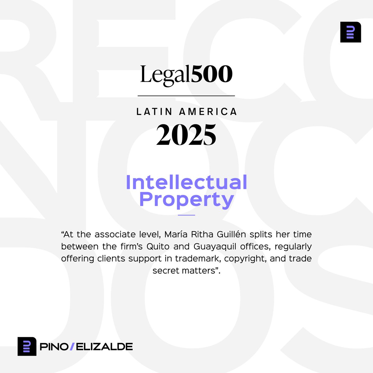 PinoElizalde's tweet photo. Felicitamos a nuestra Asociada Senior @MariaRithaG por haber sido reconocida en el Ranking @thelegal500 para el año 2025 en las categorías de “Labour and Employment” y “Intellectual Property”. https://t.co/jAcZJ3MiVd
