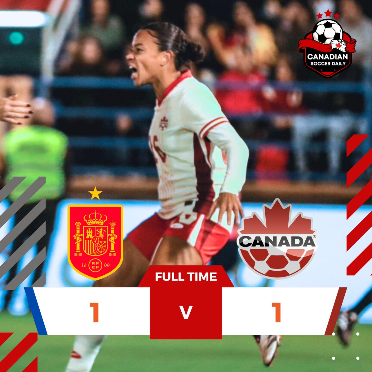 FULL-TIME: Spain 1-1 Canada

It's not a famous first win against 🇪🇸 but #CanWNT earn an impressive draw against the World Cup winners. Huge effort from this team 🍁

Marie-Yasmine Alidou's first goal for Canada was a beauty!
