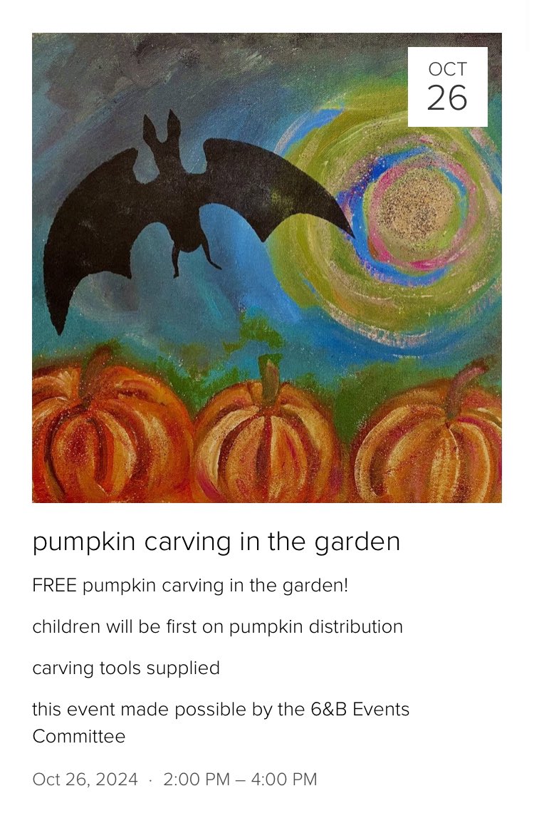 6BGarden's tweet photo. tomorrow 10/26 in the garden: PUMPKIN CARVING 2-4pm 🎃 https://t.co/xDT3scwQAE