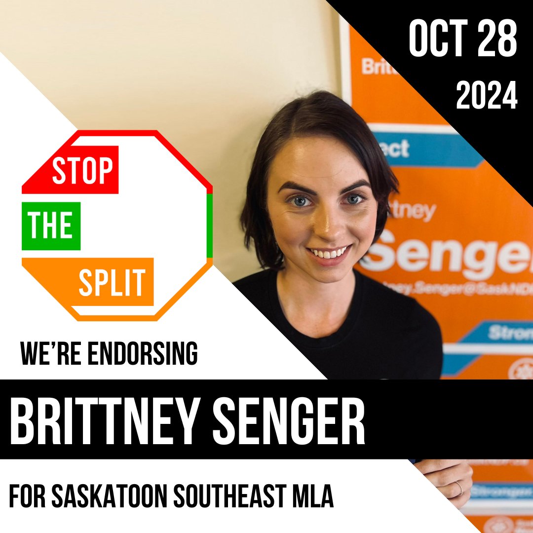 🟠We’re endorsing Brittney Senger of the <a href="/Sask_NDP/">Saskatchewan New Democrats</a> for Saskatoon Southeast to #UniteTheVote and #StopTheSplit on October 28!

Brittney is best positioned to defeat Scott Moe’s candidate and will fight for #SaskatoonSoutheast.

#cdnpoli #skpoli #MoeMustGo