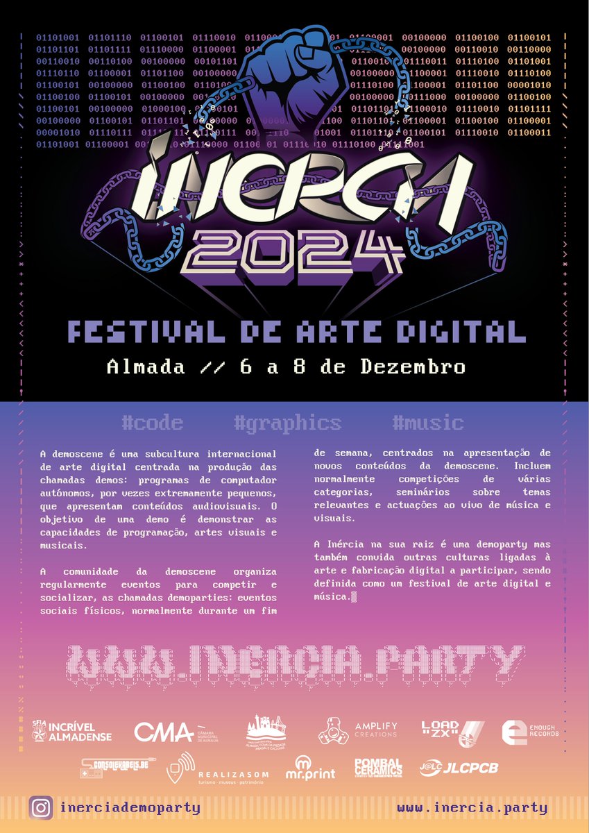been organizing this thing that will take place 6-8 december in Almada, Portugal. something something digital arts demoscene. and great news everyone! we now have a flyer! hope you're now thinking "oh, wow i should really go to that thing" and come. 2024.inercia.pt