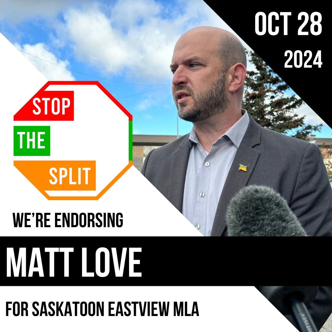 🟠We’re endorsing <a href="/MattloveNDP/">Matt Love</a> of the <a href="/Sask_NDP/">Saskatchewan New Democrats</a> for Saskatoon Eastview to #UniteTheVote and #StopTheSplit on October 28!

Matt is best positioned to defeat Scott Moe’s candidate and will fight for #SaskatoonEastview.

#cdnpoli #skpoli #MoeMustGo