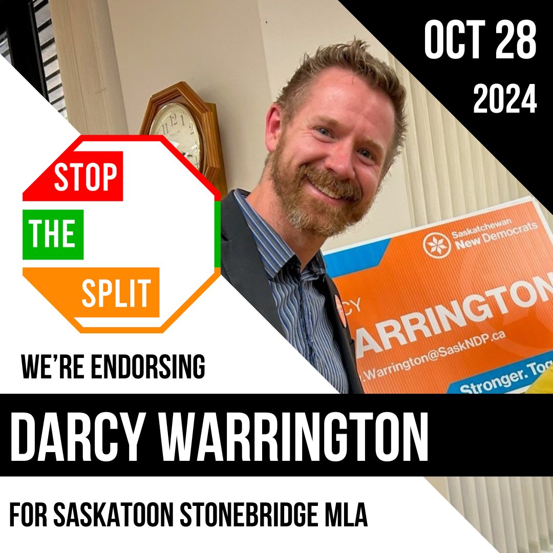 🟠We’re endorsing <a href="/warringtondarcy/">Darcy Warrington</a> of the <a href="/Sask_NDP/">Saskatchewan New Democrats</a> for Saskatoon Stonebridge to #UniteTheVote and #StopTheSplit on October 28!

Darcy is best positioned to defeat Scott Moe’s candidate and will fight for #SaskatoonStonebridge.

#cdnpoli #skpoli #MoeMustGo