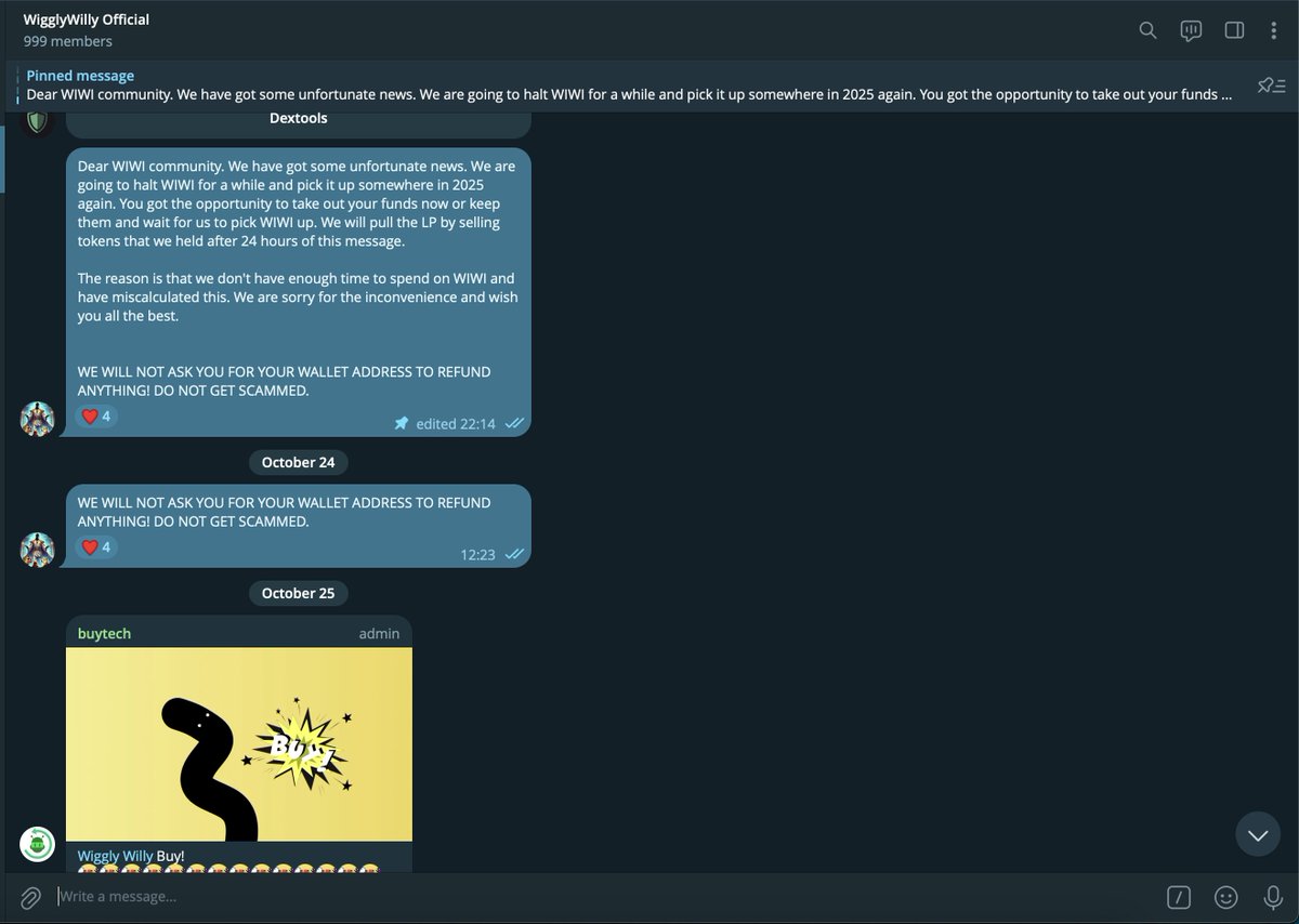 Wigglies, we are going to close out TG after realising it is not safe anymore to keep it open after we have ended the project. We're very sorry for the inconvenience and hope you have taken your liquidity before we would end the project. (24 hours were given to withdraw)

We wish