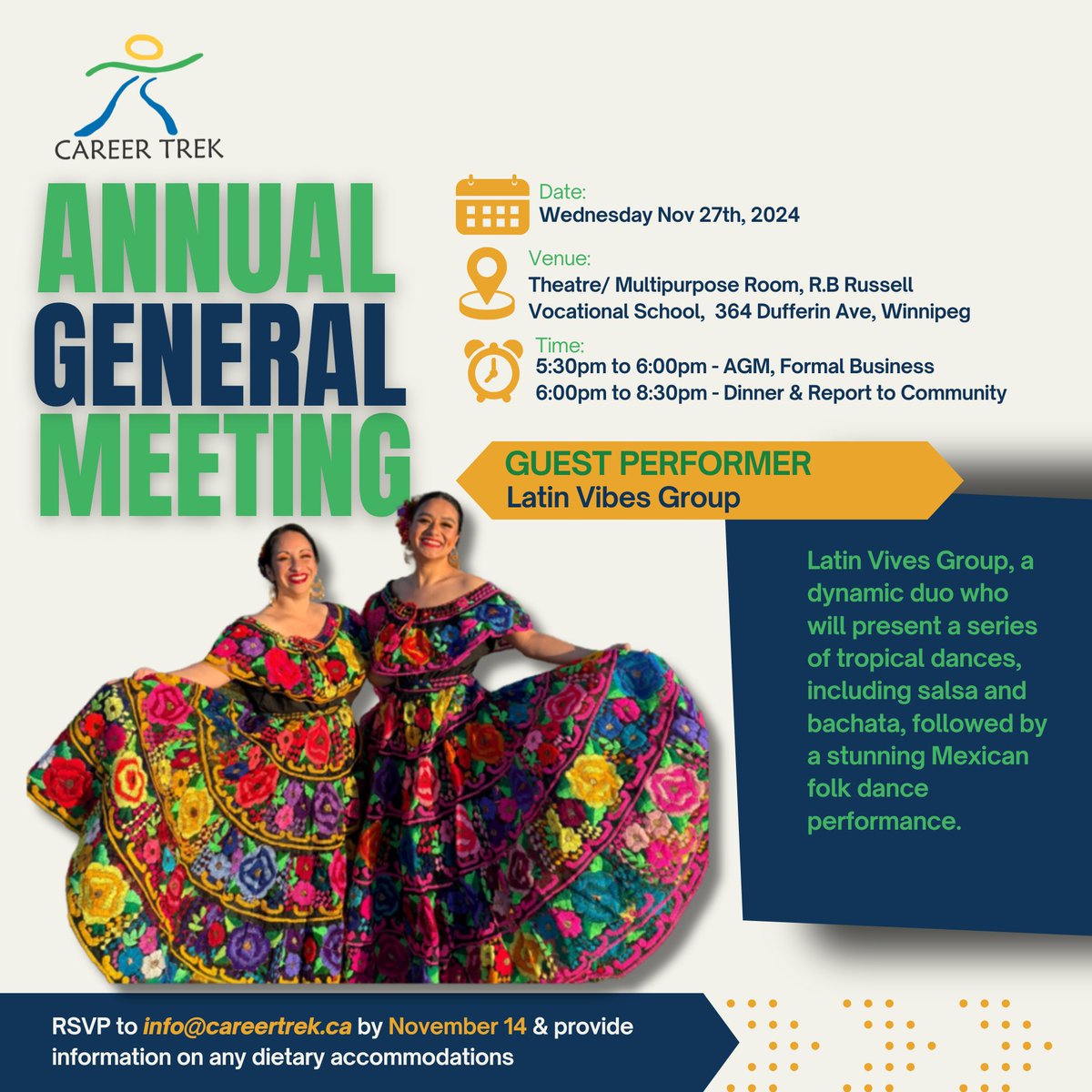 🎉 Exciting News for Career Trek's AGM! 🎉

Latin Vibes Group will bring the energy of Latin American dance and culture to our event! 🌎💃 Don’t miss this unforgettable performance. RSVP details below.

#CareerTrekAGM #LatinVibesGroup #CelebrateCulture #AGM2024🕺