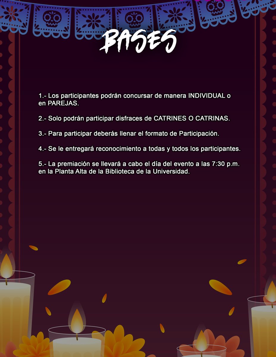 DESFILE DE CATRINAS Y CATRINES
Es hora de participar en el “Desfile de Catrinas y Catrines 3ra Edición” registra a tu equipo entrando al enlace a continuación:
forms.gle/MMy4uy4Mxquxaq…