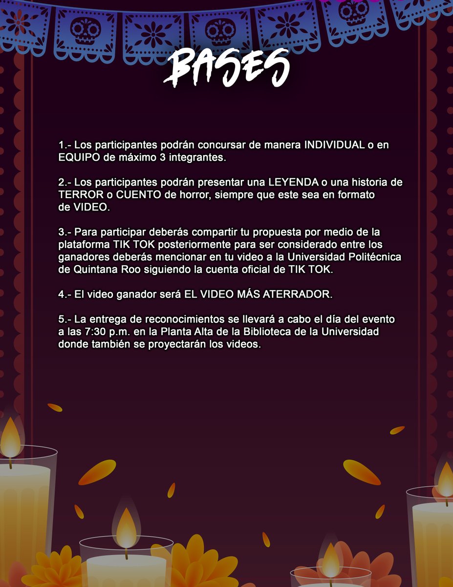 CONCURSO DE LEYENDAS
En esta temporada de espantos pon a prueba tu creatividad participando en el “El Concurso de Leyendas” regístrate para participar en el enlace a continuación:
forms.gle/MMy4uy4Mxquxaq…