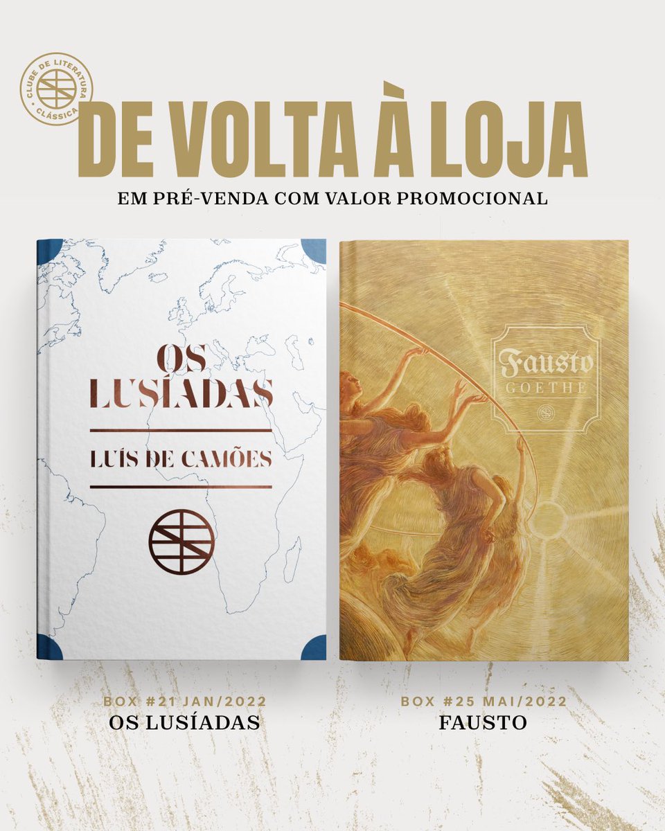 A espera acabou! 🎉

⚓ "Os Lusíadas", a obra-prima de Camões, volta a ocupar seu glorioso posto na Loja do Clube 
🔮 E para completar, “Fausto”, de Goethe, também retorna.

Os boxes estão com 20% de desconto durante a PRÉ-VENDA. Esses clássicos não vão fazer parte da Black do