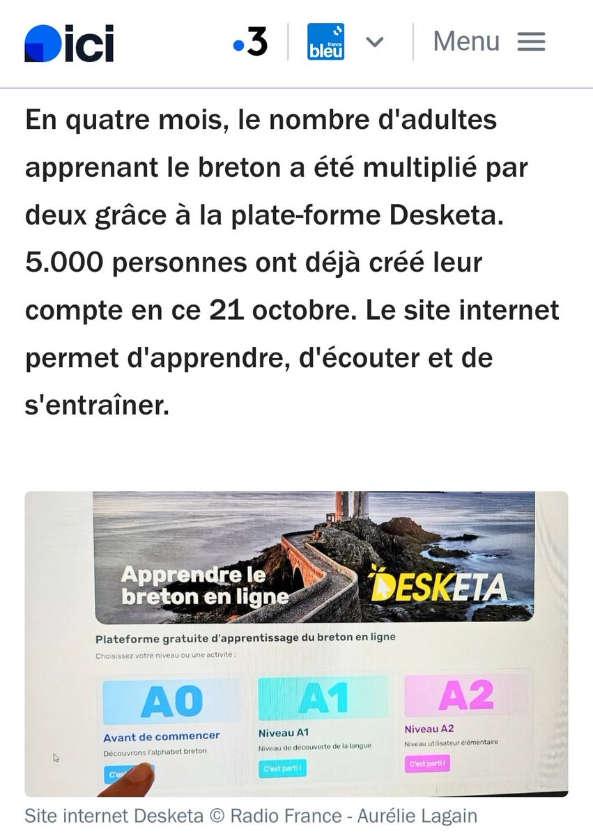 Bravo et courage à celles et ceux qui se lancent dans l'apprentissage du Breton.
Kalon vat deoc'h hag e souetomp deoc'h mont betek penn gant Desketa
#Brezhoneg #Bretagne #Desketa
 francebleu.fr/infos/culture-…