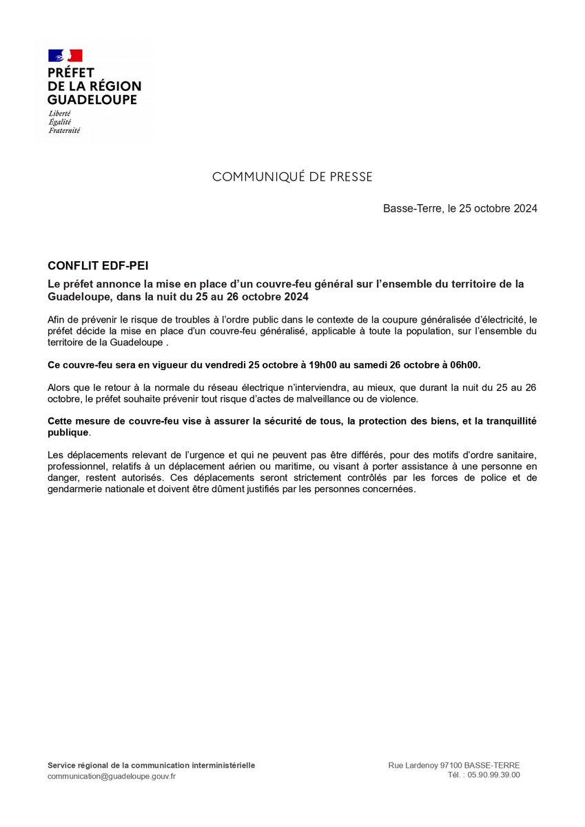 #Conflit EDF-PEI - Le préfet annonce la mise en place d’un couvre-feu général sur l’ensemble du territoire de la Guadeloupe, à compter de ce soir à 19h00.