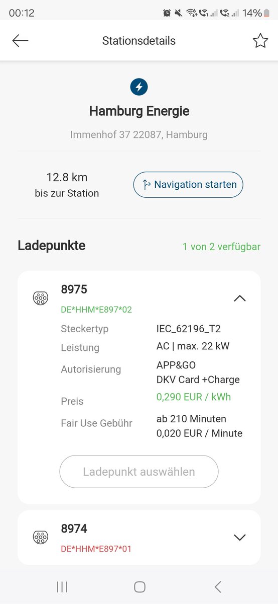 holgerbister's tweet photo. @floi_hh @kripp_m Habe eine DKV +Charge Karte. Gerade mal wahllos eine Hamburg Energie Säule im Stadtgebiet ausgewählt in der App und einen Screenshot gemacht... https://t.co/IN5B9Yiqfd