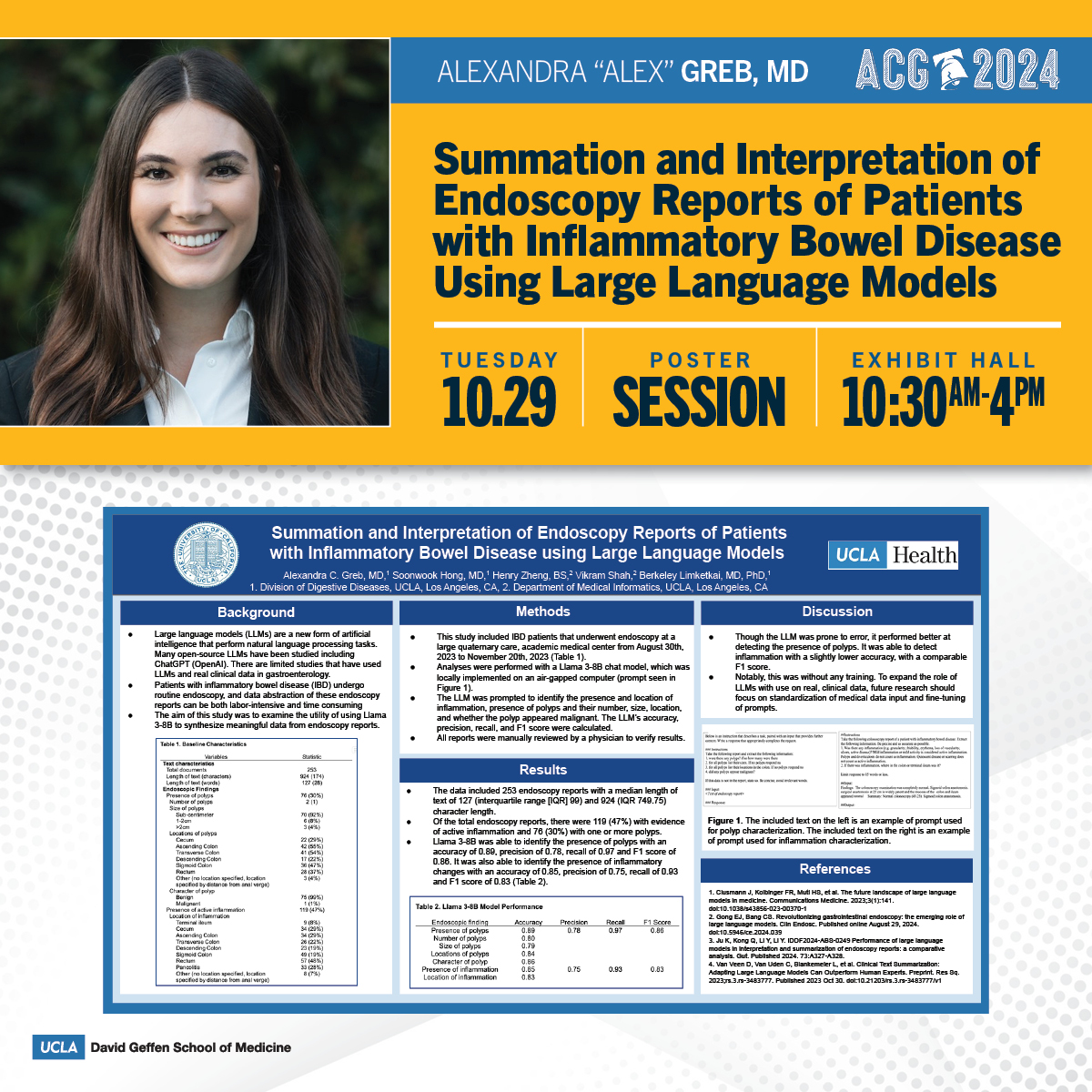 📰Summation and Interpretation of Endoscopy Reports of Patients with #IBD Using Large Language Models

⭐️Alexandra "Alex" Greb, MD
👥<a href="/soonwook_hong/">Soonwook Hong</a> Henry Zheng Vikram Shah <a href="/berkeleydoc/">Berkeley Limketkai</a>
🗓️#ACG2024, Tuesday, October 29, 10:30am–4pm