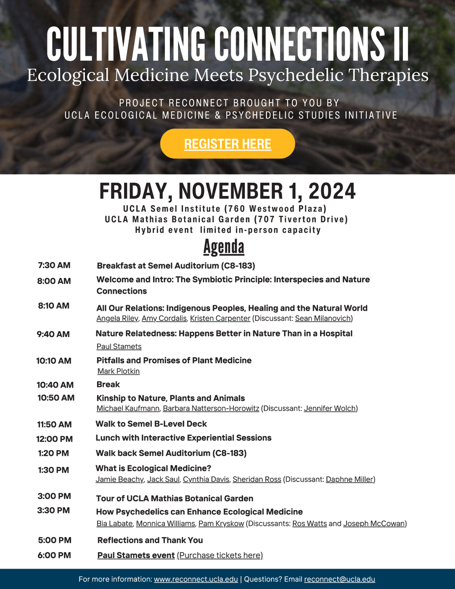 Check out this 1-day hybrid event on November 1! Cultivating Connections II: Ecological Medicine Meets Psychedelic Therapies, hosted by UCLA's Ecological Medicine &amp; Psychedelic Studies Initiative. Registration is completely free! tinyurl.com/UCLAecopsych