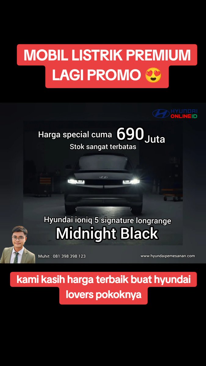mumucobain's tweet photo. Harga special hyundai ionia 5 signature longrange cuma 690 warna midnight black stok sangat terbatas
https://t.co/0jf69rzg9p https://t.co/Jrrs3zYov5