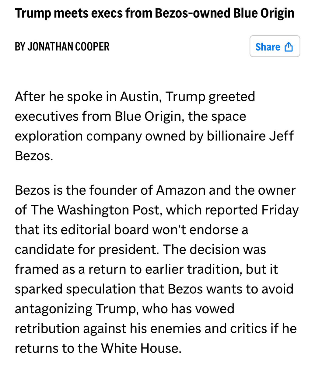 Hours after we find out Jeff Bezos shelved the Washington Post endorsement of Harris, Trump meets with execs from Bezos-owned Blue Orgin.

Billionaires openly currying favor with a wannabe authoritarian.