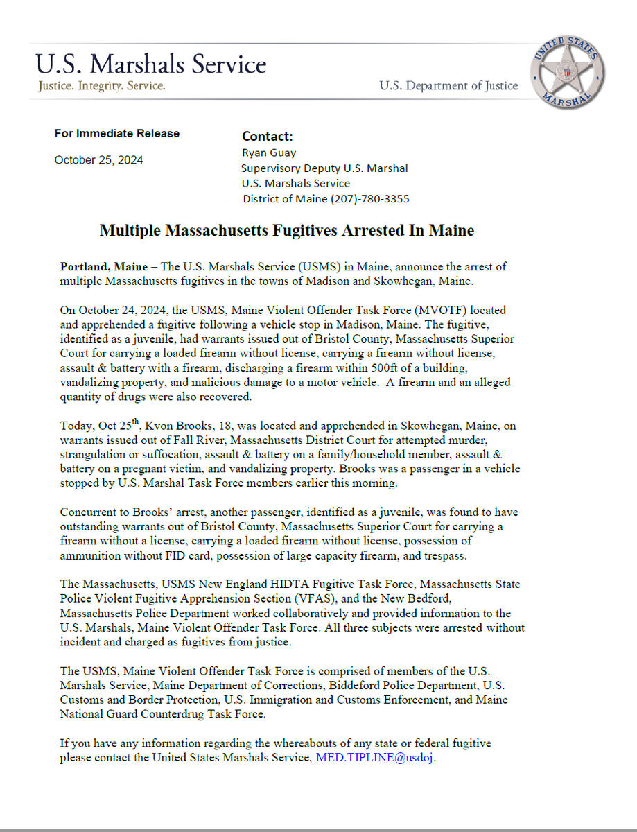USMSPortlandME's tweet photo. Portland, Maine – The U.S. Marshals Service (USMS) in Maine, announce the arrest of multiple Massachusetts’ fugitives in the towns of Madison and Skowhegan, Maine. https://t.co/3Qe3gAMGuk