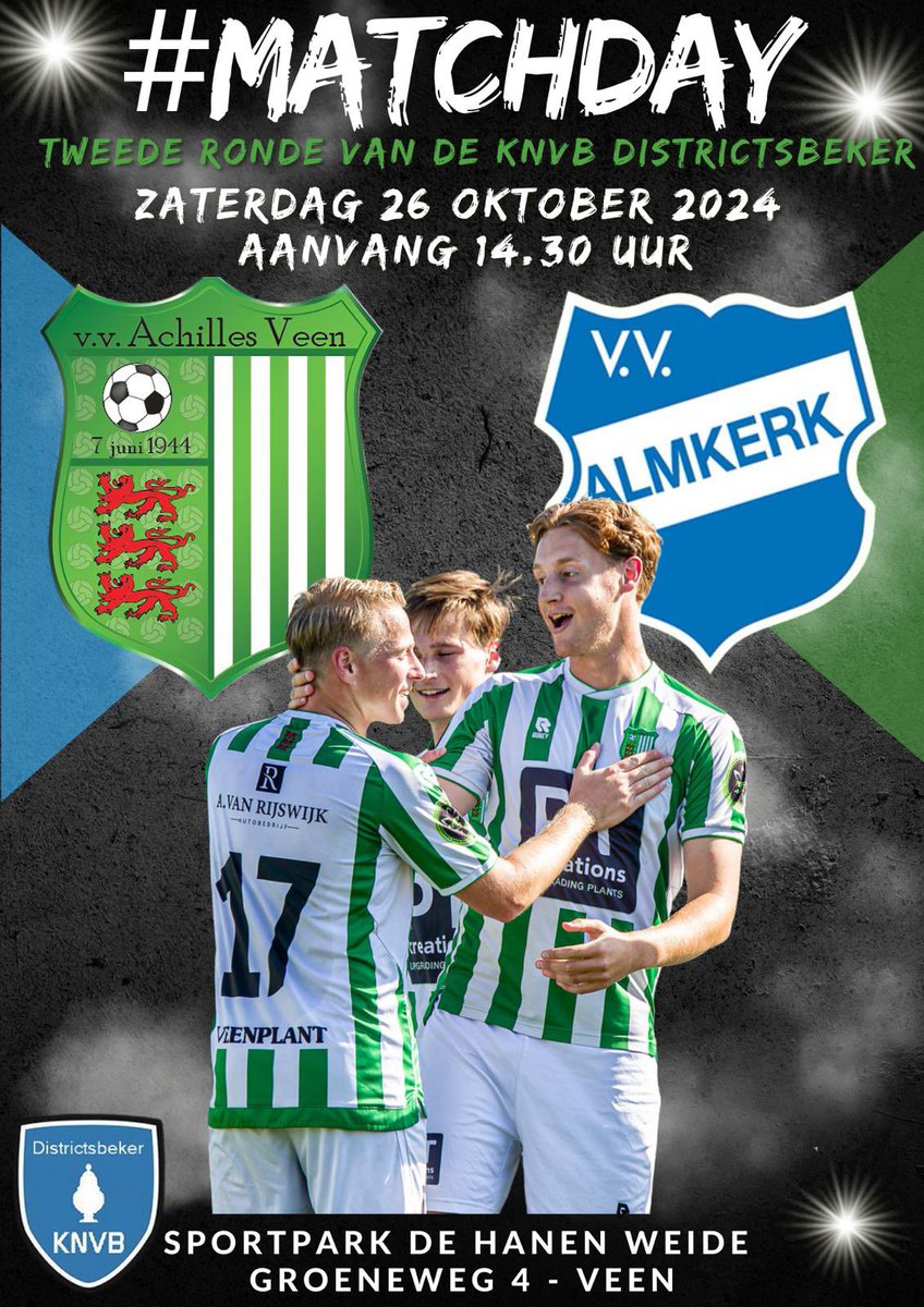 AchillesVeen's tweet photo. 🎉 #Matchday! 🎉 Vandaag staat tweede ronde op het programma in de districtsbeker, tussen v.v. Achilles Veen 🟢⚪ en @VVAlmkerk1 🔵⚪.
📍 Locatie: Sportpark De Hanen Weide, Veen
🕒 Aanvang: 14:30 uur
#achalm #beker #derby #Altena https://t.co/wDUR6VAdmG