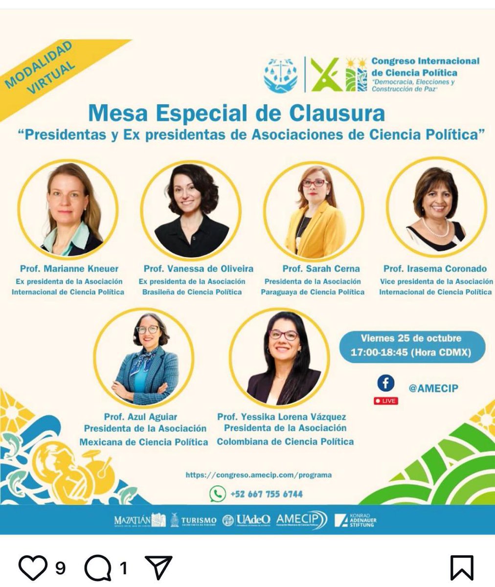 Esta tarde cerramos el Congreso de <a href="/AmecipOficial/">AMECIP_Oficial</a> compartiendo esta mesa de análisis con presidentas de Asociaciones de #CienciaPolítica nacionales e internacionales #MujeresAlPoder