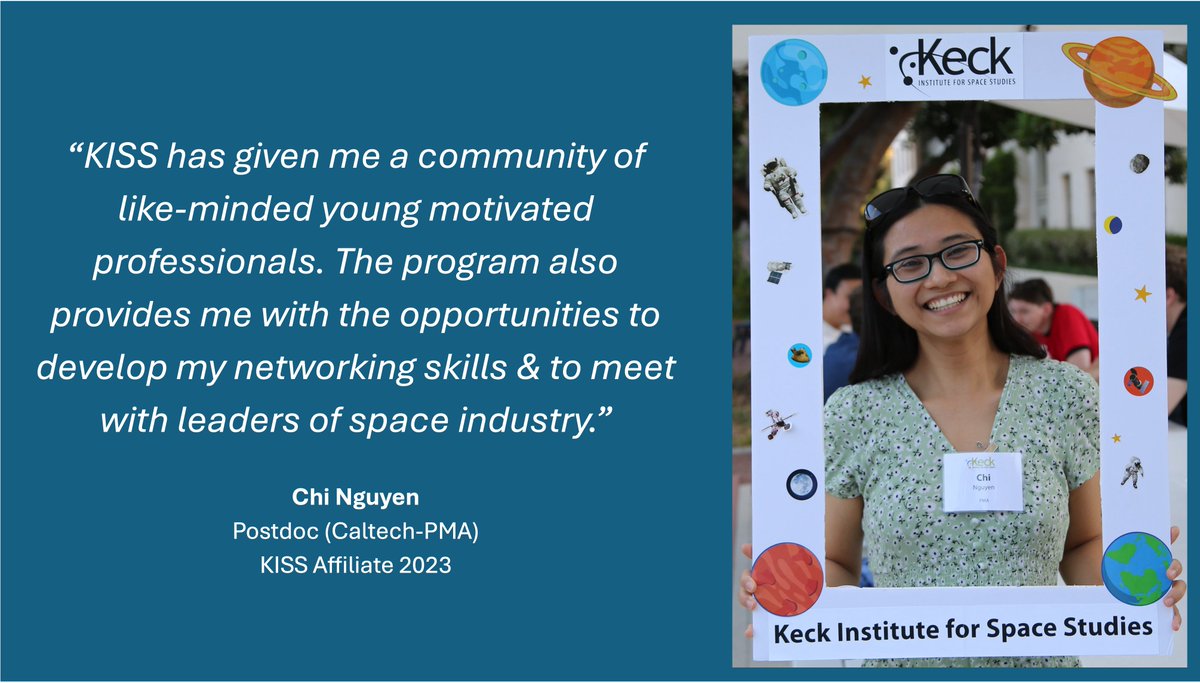 The KISS Affiliate program bridges across the Caltech divisions, forming a community of the next generation of space leaders. 

Leaders such as <a href="/cosmo_chn/">Dr. Chi Nguyen</a>, one of the 2023 KISS Affiliates.

Nominations for the 2025 KISS Affiliate program are due Oct 31 🚀: kiss.caltech.edu/affiliates/202…