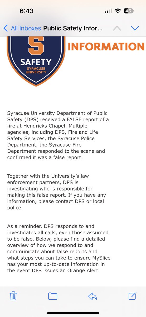 BREAKING: SU Department of Public Safety (DPS) received a FALSE report of a fire at Hendricks Chapel. 

DPS along with other emergency services responded.  

In a university-wide email, DPS urges those that know who sent the false report to contact DPS. 

<a href="/CitrusTVNews/">CitrusTV News</a>