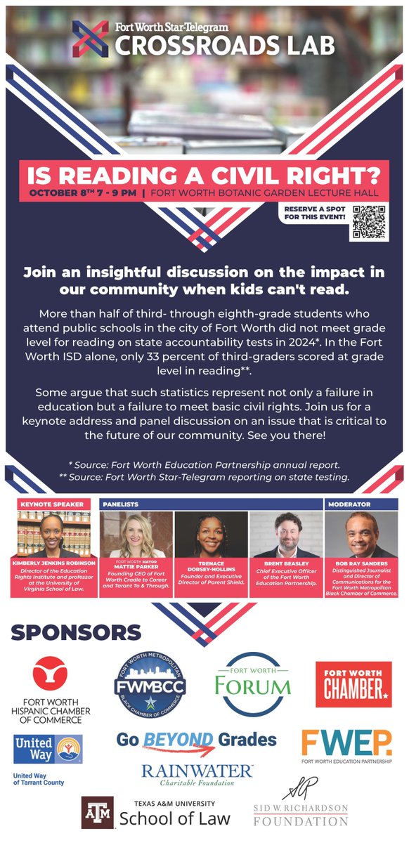 Fort Worth Education Partnership (@fortworthep) on Twitter photo Did you miss the <a href="/startelegram/">Fort Worth Star-Telegram</a> panel Is Reading a Civil Right? on October 8th? If so, you can watch a recording of it here!
buff.ly/4fcggI7 Did you miss the <a href="/startelegram/">Fort Worth Star-Telegram</a> panel Is Reading a Civil Right? on October 8th? If so, you can watch a recording of it here!
buff.ly/4fcggI7