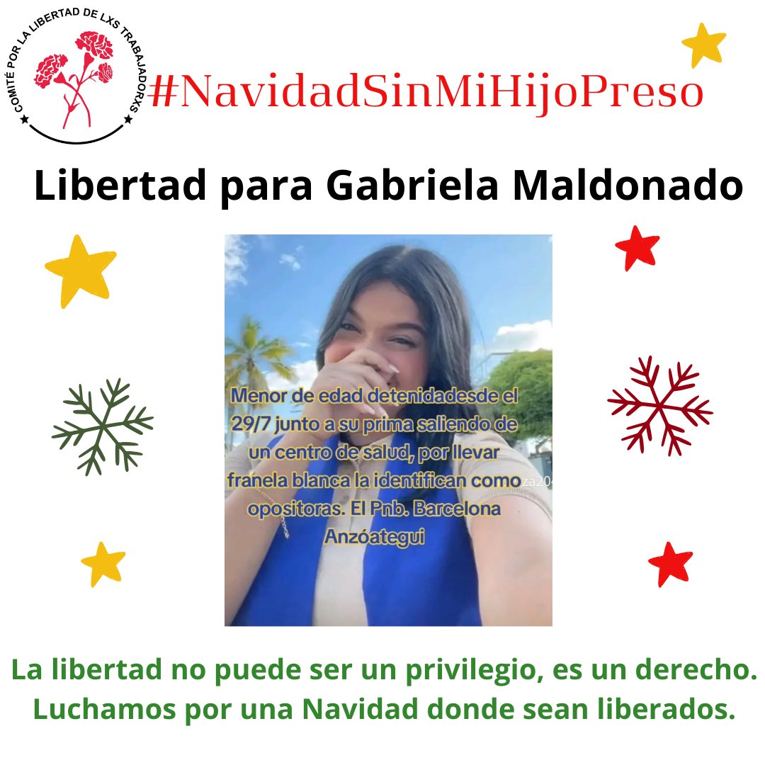 Gabriela es menor de edad, salió de un centro médico el 29 de julio y fue detenida por la policía. La trasladaron a la PNB de Barcelona, en Azoátegui. Gabriela va a cumplir 3 meses presa. Queremos que vuelva a su casa, queremos una #NavidadSinMiHijoPreso