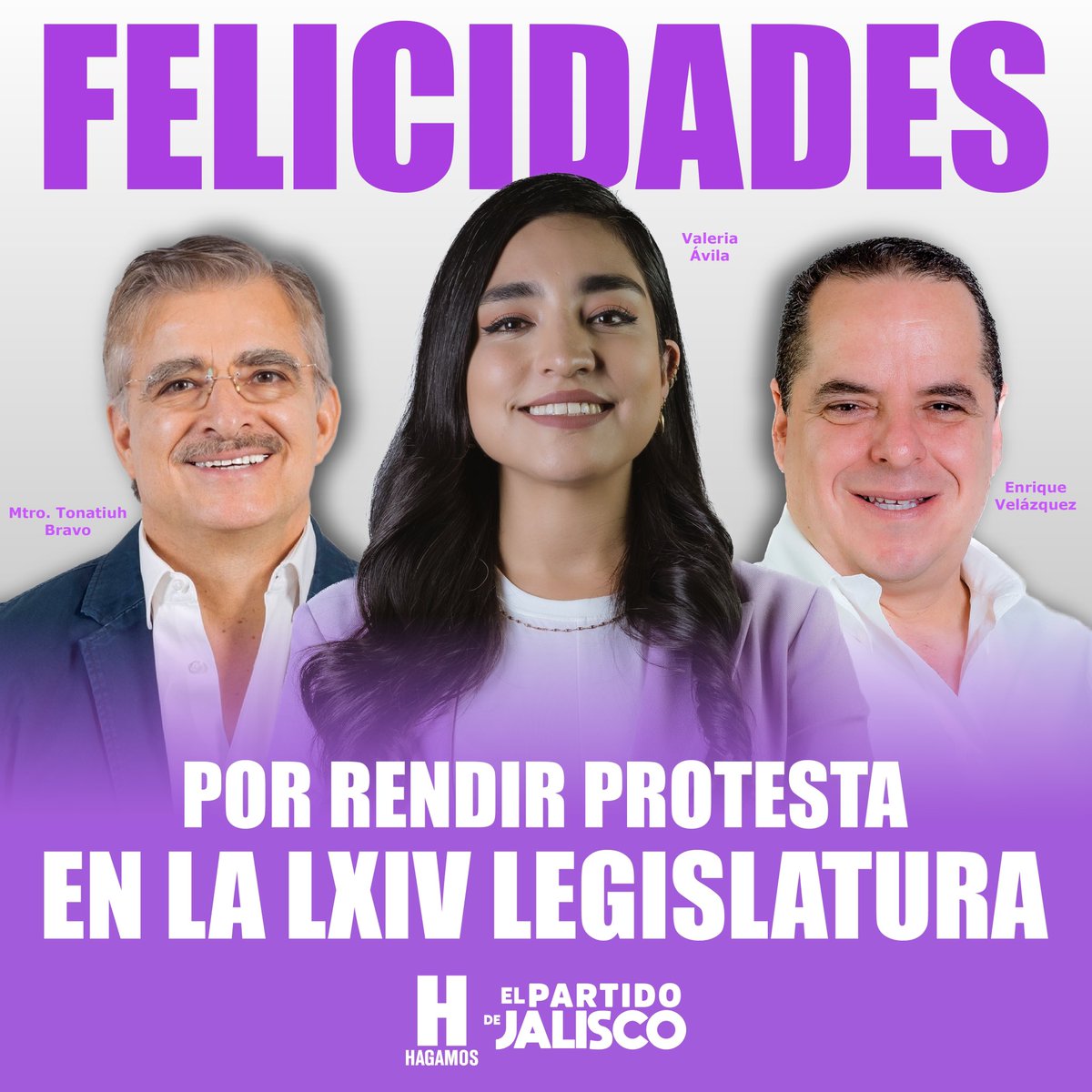 HagamosJalisco's tweet photo. Felicitamos a nuestra próxima diputada, @valeriaavila93_ , y a nuestros dos próximos diputados, @tonatiuhbp y @EnriqueV01 por rendir protesta como representantes de la ciudadanía en el @LegislativoJal . 

#RumboAlCongreso https://t.co/CIV07dgZor