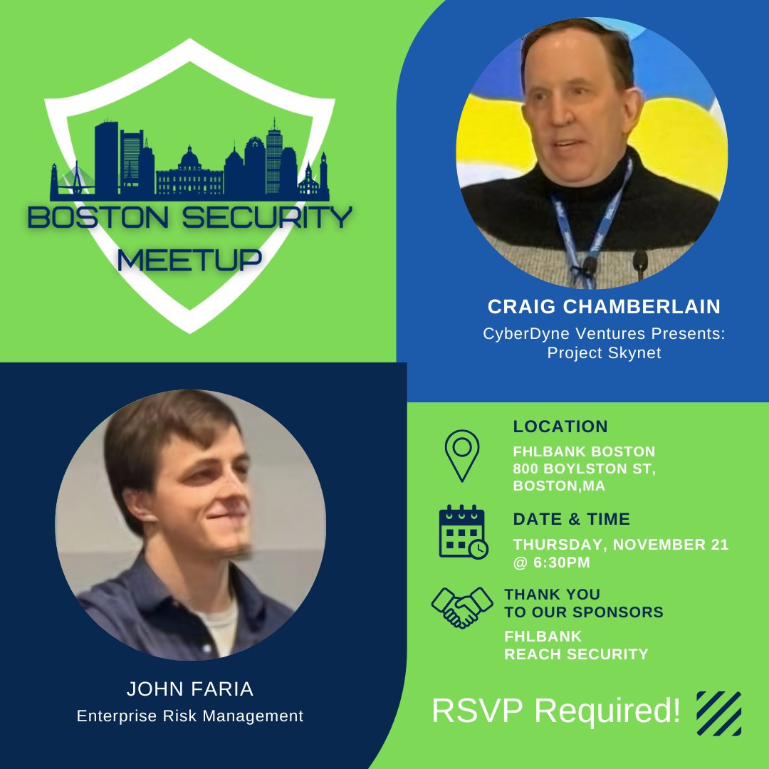 BostonSecurityMeetup (@securitymeetup) on Twitter photo RSVP closes Wednesday noon. This Thursday  <a href="/randomuserid/">Craig Chamberlain</a> will talk about #threatintel & <a href="/Abjuri5t/">John F - abjuri5t.bsky.social</a> talk about #EnterpriseRiskManagement. Thanks to FHL Bank of Boston for hosting us and <a href="/ReachSecurity/">Reach Security</a> for sponsoring. Make sure to RSVP at meetup.com/the-boston-sec… RSVP closes Wednesday noon. This Thursday  <a href="/randomuserid/">Craig Chamberlain</a> will talk about #threatintel & <a href="/Abjuri5t/">John F - abjuri5t.bsky.social</a> talk about #EnterpriseRiskManagement. Thanks to FHL Bank of Boston for hosting us and <a href="/ReachSecurity/">Reach Security</a> for sponsoring. Make sure to RSVP at meetup.com/the-boston-sec…