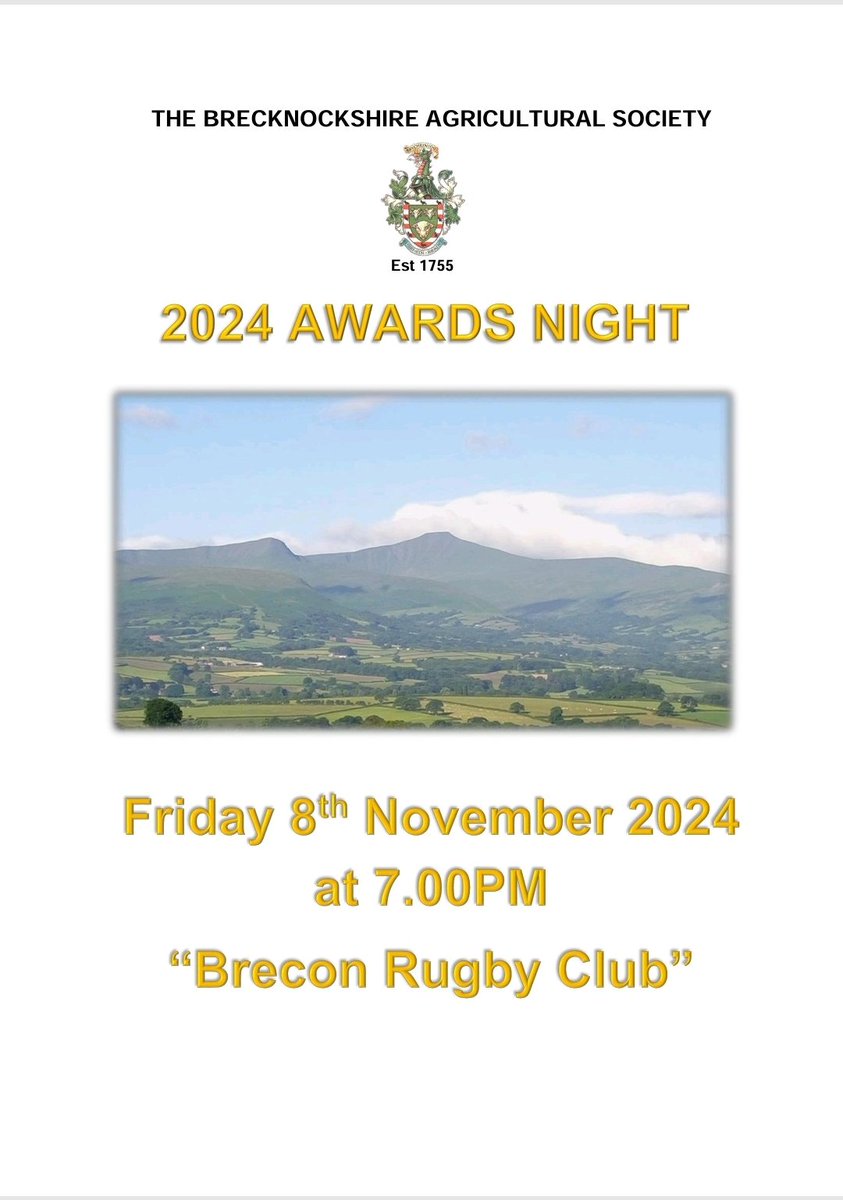 A thank you to our  Farmers Evening featuring:-

"The Gwynne and Joyce Griffiths Awards" and the Brecon County Show "Crop Awards"  Evening will be held in Brecon Rugby Club on Friday 8th November commencing at 7.00pm..... "Come and support our source of food"
