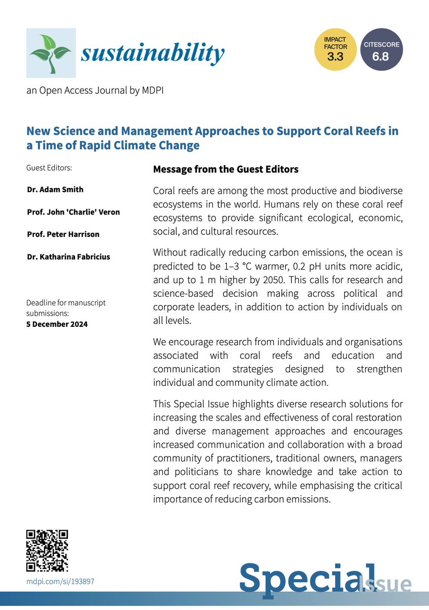 This may be the most important special issue for the future of coral reefs. Will you be join the conversation and strengthen climate action. mdpi.com/journal/sustai…
