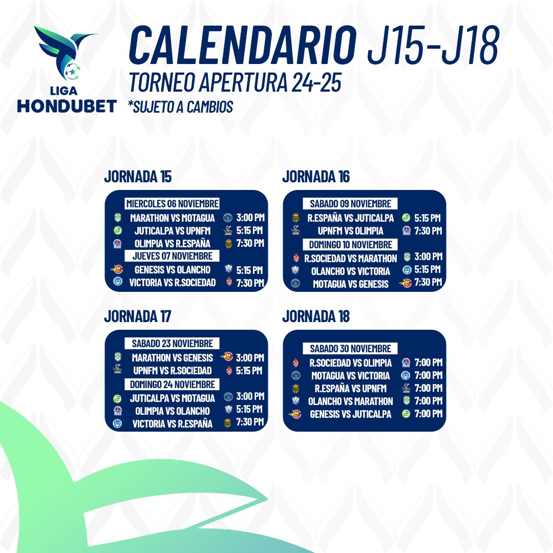 Juegos oficiales con fechas y horarios de las Jornadas 15-18 de la Liga Hondubet.