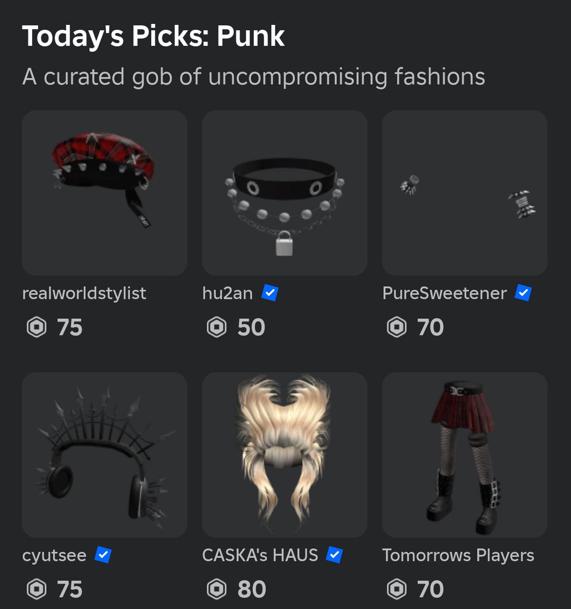 RBLX_Picks's tweet photo. #TodaysPicks honors #PunkforaDay Day (yes, its a thing apparently) with punk #RobloxUGC from @hypsal, ramonfrar, @DuckXander, @0Luka07, @orc_huntress, @EternosDigital, @hu2an, realworldstylist, @Caska_alaska, @qyutzee, @dubit, and @PureSweetener. https://t.co/Z0zL72LKiX