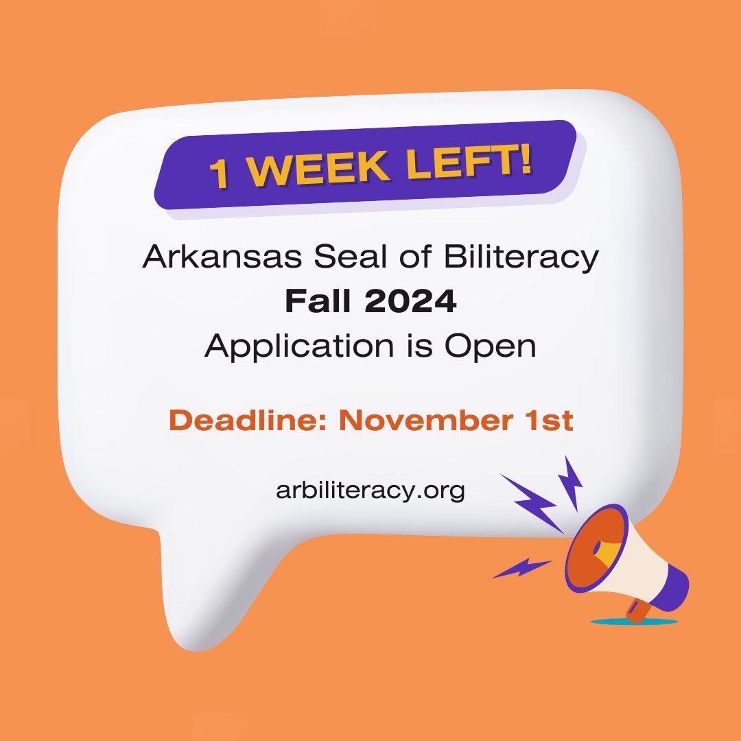 ARBiliteracy's tweet photo. Just one more week! The deadline to apply for the fall 2024 Arkansas Seal of Biliteracy is midnight next Friday, November 1st.  https://t.co/NeVjkC9x4L https://t.co/dYQFAd0YNE
