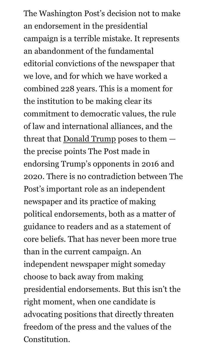 Read this powerful letter from nine of our columnists on our website tonight. 

“The Washington Post’s decision not to make an endorsement in the presidential campaign is a terrible mistake.”