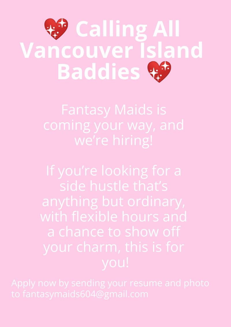 FantasyMaids604's tweet photo. 🎉 Exciting News, Vancouver Island! 🎉

Fantasy Maids is coming soon, bringing our one-of-a-kind cleaning services to YOU! 

✨We’re hiring now for our island team✨ 

Apply today by sending your resume and photo to fantasymaids604@gmail.com
https://t.co/T7fCzHPChO https://t.co/puxePz3exT