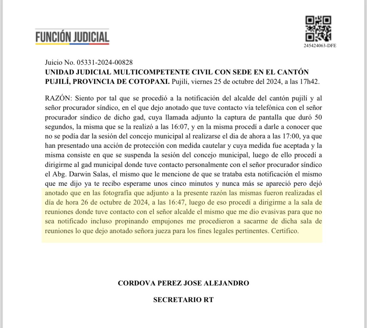 Mientras tanto en Pujilí, Cotopaxi, el alcalde José Arroyo habría agredido a un servidor judicial para evitar ser notificado con una medida cautelar interpuesta por los concejales Raúl Arroyo, Myriam Caiza, Florinda Tigasi y Saida Chaluisa.