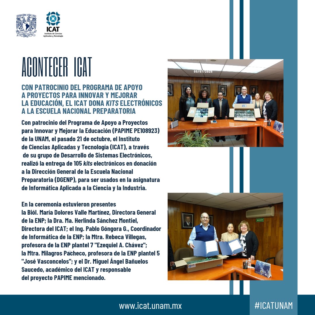 ICATUNAM's tweet photo. #AcontecerICAT
#ICATUNAM realiza donación de kits electrónicos a #ENP para la asignatura de #Informática Aplicada a la #Ciencia y la #Industria, con apoyo del Programa de Apoyo a Proyectos para Innovar y Mejorar la Educación #PAPIME.
#UNAM #Electrónica #Educación #Docencia https://t.co/q8rd9JLXLZ