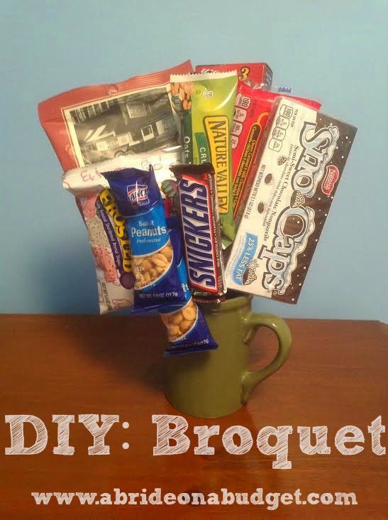 One of the most fun groomsmen gift ideas we ever put together is a broquet (a bouquet for bros) made with snacks instead of flowers.

It’s actually something that would work for Halloween too.

If you want to put one together, find out how here: abrideonabudget.com/2014/09/diy-br…