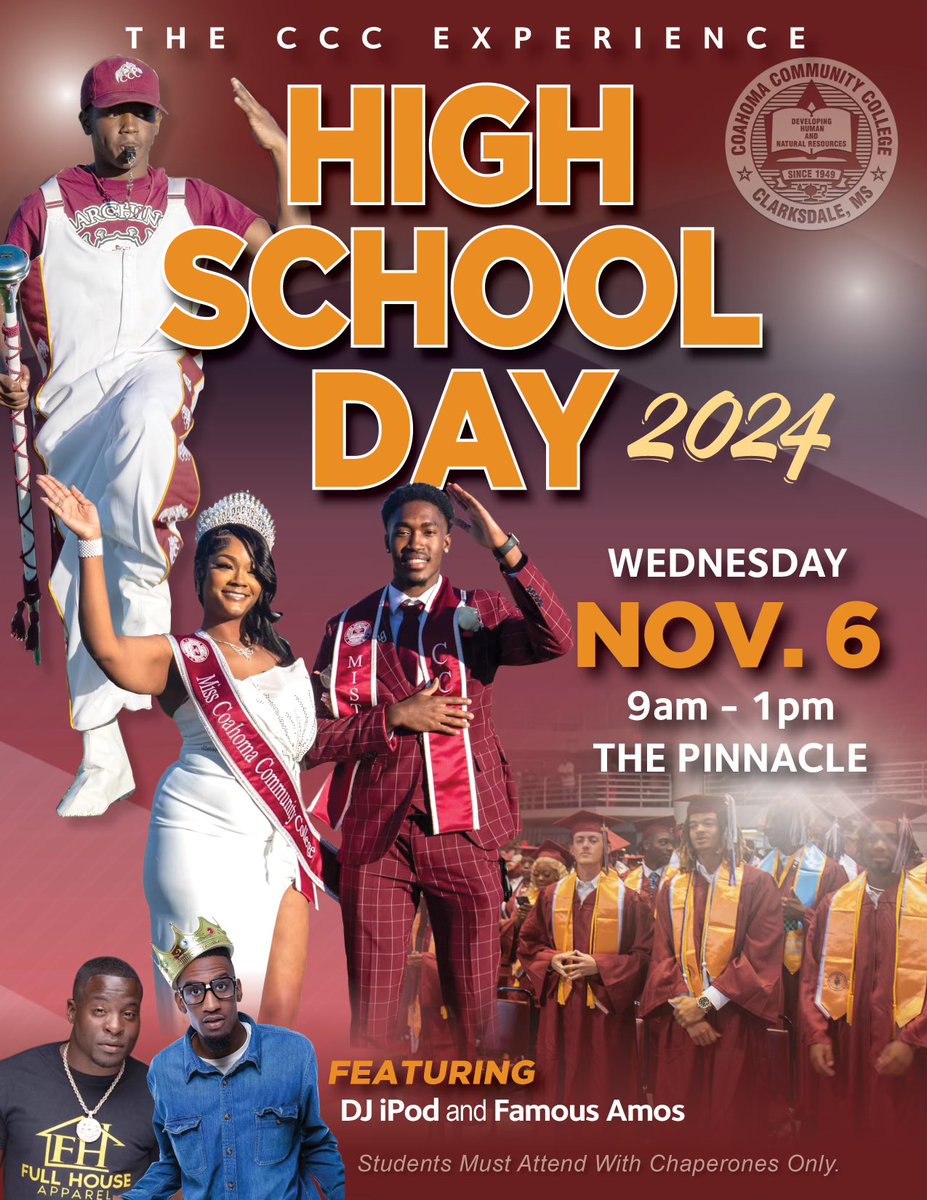 CoahomaCC's tweet photo. Get ready for an unforgettable experience at Coahoma Community College! 

Join us for High School Day 2024 on Wednesday, Nov. 6, from 9 AM - 1 PM in the Pinnacle!

Chaperones required for student attendance. Don’t miss out! #HighSchoolDay2024 https://t.co/jAhE28kZcv