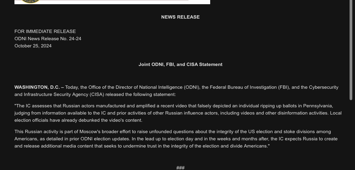 ElizLanders's tweet image. Confirmed by the intelligence community: the fake video of ballots cast for Trump allegedly being ripped up in Bucks County IS both manufactured and disseminated by Russia.

It’s a Russian disinformation campaign.