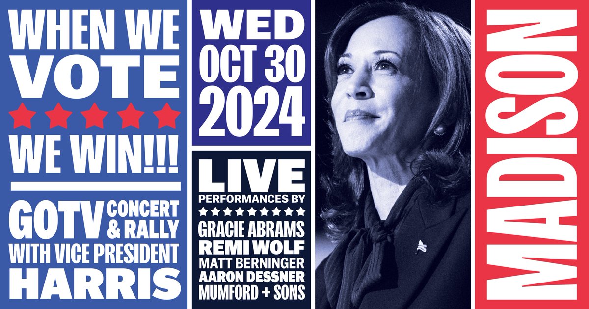 Wisconsin Democrats (@wisdems) on Twitter photo We know you want to come. So do it.
Wednesday, October 30. 🎶
<a href="/KamalaHarris/">Kamala Harris</a> <a href="/gracieabrams/">Gracie Abrams</a> <a href="/remiwolf/">Remi Wolf</a> <a href="/Mattberninger/">Matt Berninger</a> #Aarondessner <a href="/MumfordAndSons/">Mumford & Sons</a>
TICKETS>>> wisdems.org/MSNrsvp We know you want to come. So do it.
Wednesday, October 30. 🎶
<a href="/KamalaHarris/">Kamala Harris</a> <a href="/gracieabrams/">Gracie Abrams</a> <a href="/remiwolf/">Remi Wolf</a> <a href="/Mattberninger/">Matt Berninger</a> #Aarondessner <a href="/MumfordAndSons/">Mumford & Sons</a>
TICKETS>>> wisdems.org/MSNrsvp