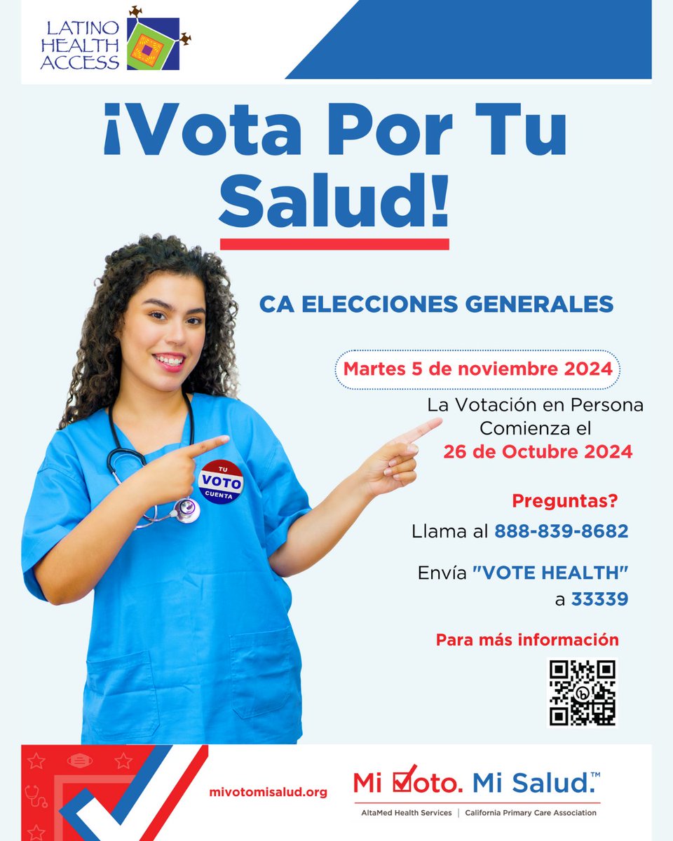 Latino Health Access (@lhaorg) on Twitter photo Vote centers open for early in-person voting beginning on October 26, 2024. Return your vote-by-mail ballot by mail, at a drop-off location, or your county elections office! #MyVoteMyHealth #BeTheChange
<a href="/myvotemyhealth/">My Vote. My Health.</a>
@altamedhealths
@cpcainsights Vote centers open for early in-person voting beginning on October 26, 2024. Return your vote-by-mail ballot by mail, at a drop-off location, or your county elections office! #MyVoteMyHealth #BeTheChange
<a href="/myvotemyhealth/">My Vote. My Health.</a>
@altamedhealths
@cpcainsights