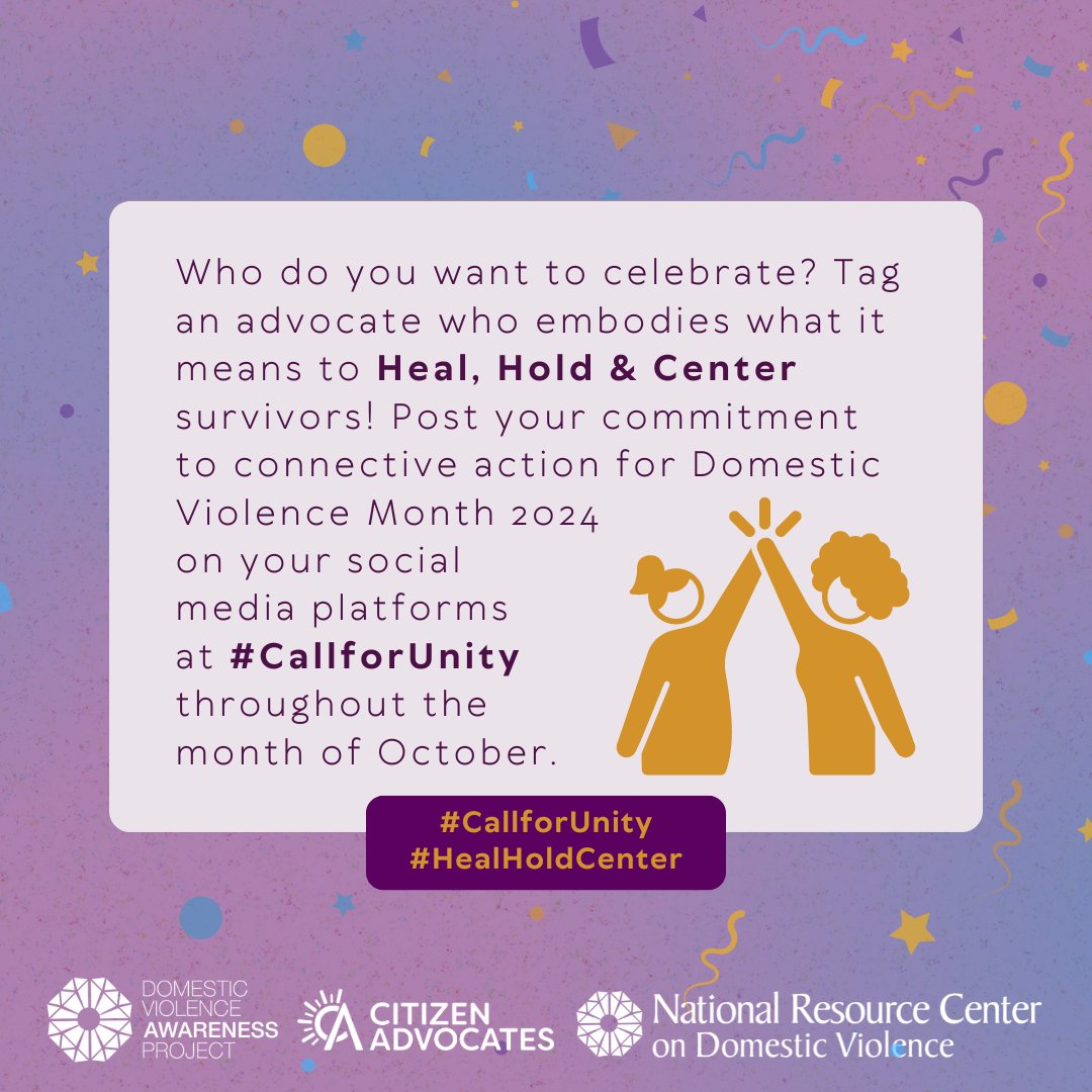 CitzenAdvocates's tweet image. 💜 This Domestic Violence Awareness Month, we reflect on the theme Heal, Hold &amp;amp; Center. Share this post and your commitment to taking action for survivors. Tag an advocate for DV who inspires you and helps create change in our community! #HealHoldCenter #CallForUnity