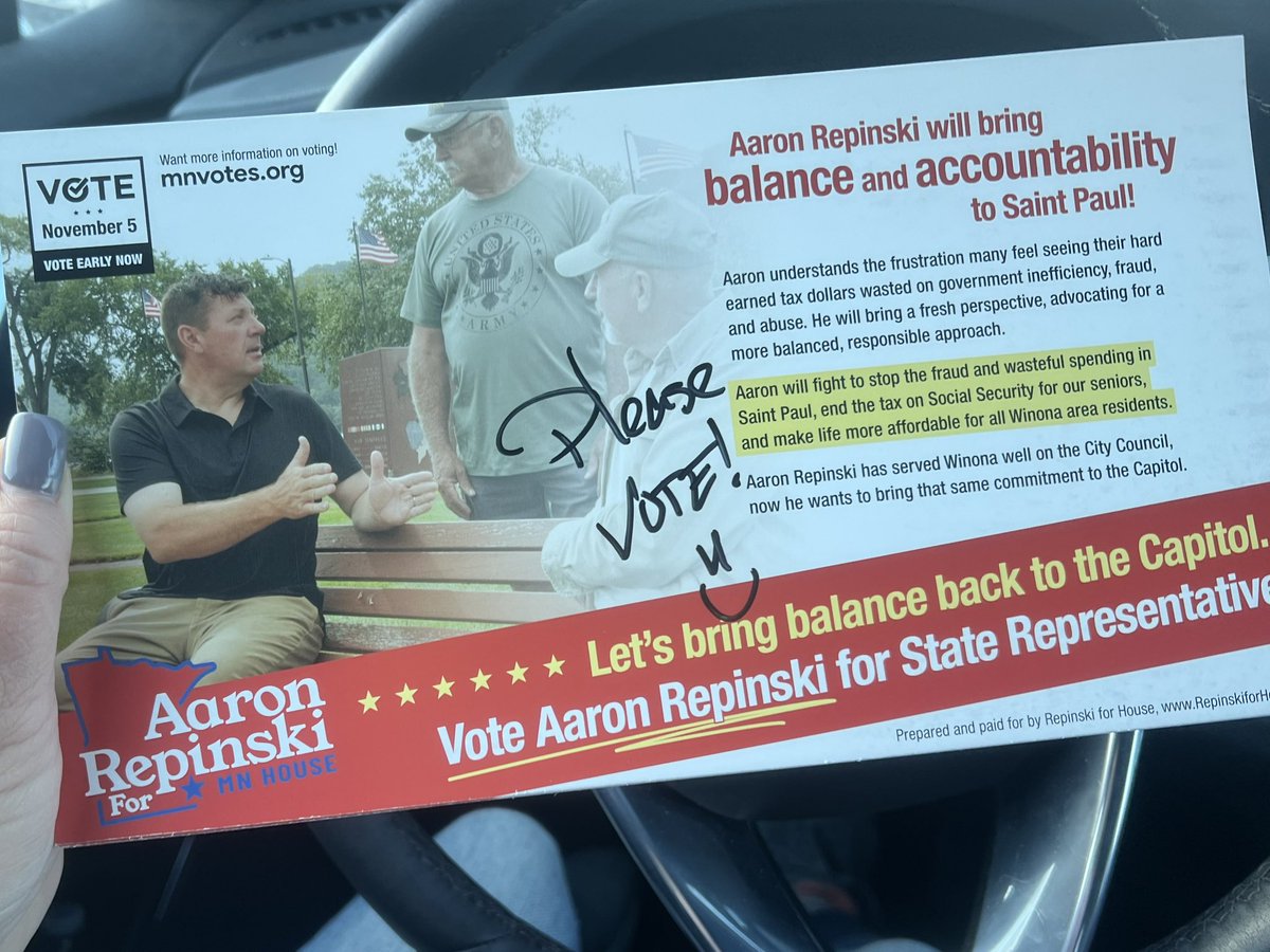 PamAltendorf's tweet image. Winona…PLEASE VOTE
☑️ Aaron Repinski
Help #saveMN from the one-party control and #flipmnhouse2024