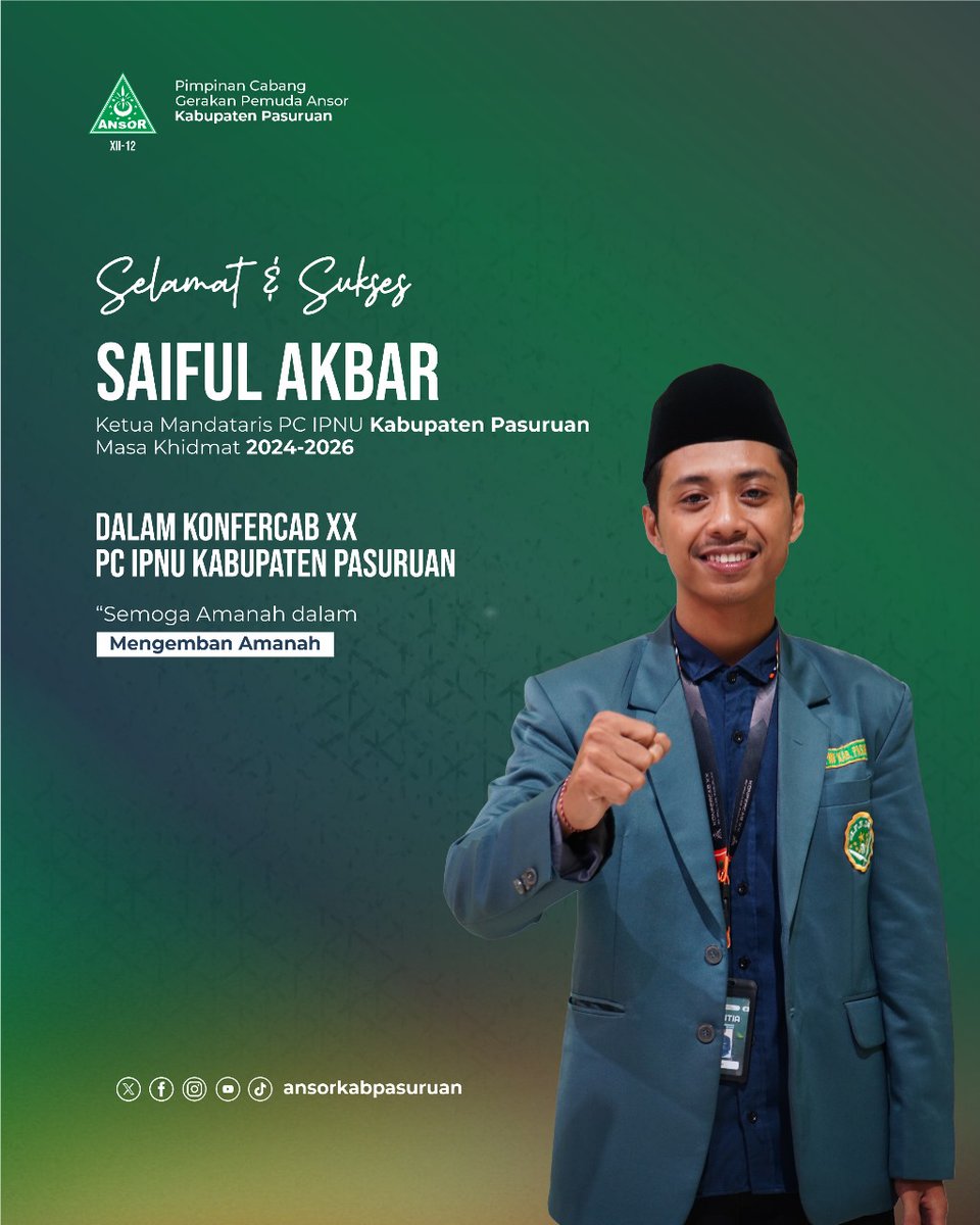 Selamat atas terpilihnya Rekan Saiful Akbar sebagai ketua PC IPNU kabupaten Pasuruan 
masa Khidmah 2024 - 2026 
Semoga amanah menjalankan amanah Konferensi 

<a href="/pwipnujawatimur/">PW IPNU Jawa Timur</a> <a href="/pp_ipnu/">Pelajar Indonesia</a> <a href="/pwansorjatim/">PW GP Ansor Jatim</a> <a href="/Mas_Fahmi15/">Mokhamad Alfian Fahmi</a>