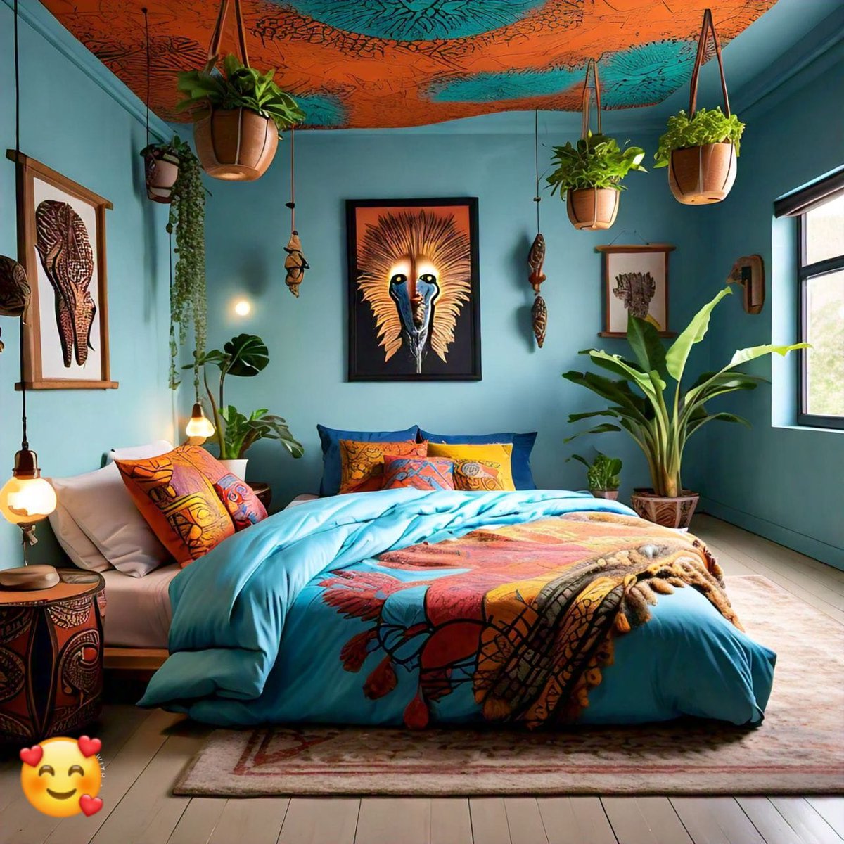 Serenene African-inspired bedroom: light blue walls, floor-level mattress, vibrant textiles, and lush greenery hanging from the ceiling, evoking tranquil safari chic.